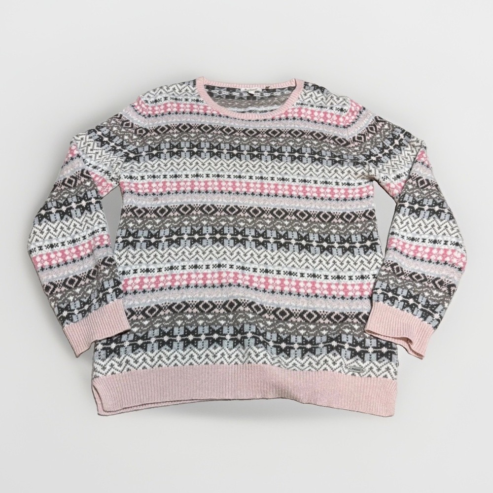 Barbour Tarn Crew Sweater Size 12 Fair Isle Merino Wool Cashmere Blend Pink Grey